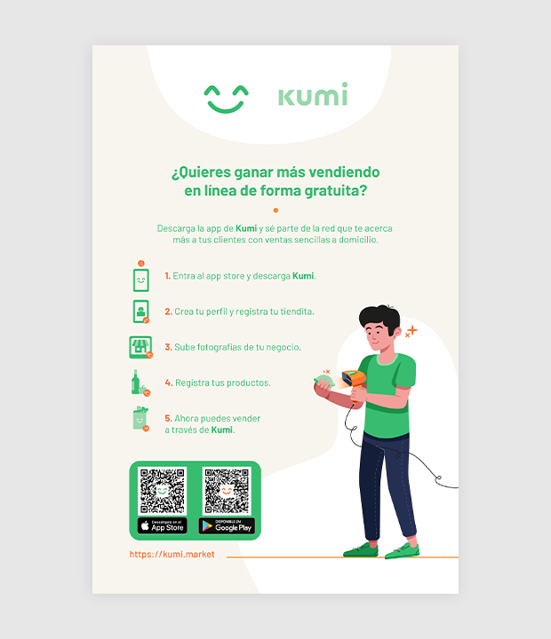 Flyer de Kumi tenderos con instrucciones a seguir